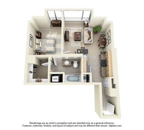 Floor plan for 1 bed, 1 bath, 625 sqft
